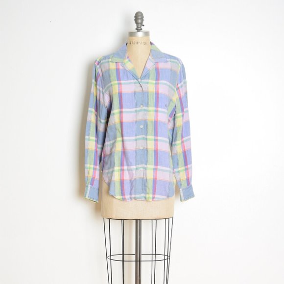 vintage 90s top Ralph Lauren linen pastel plaid button up shirt blouse M - Picture 1 of 7